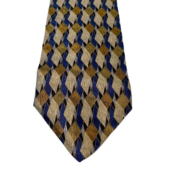NINO FERRETI Blue & Gold Geometric & Diamond Print Vintage 100% Silk Tie | 57" - Picture 4 of 6